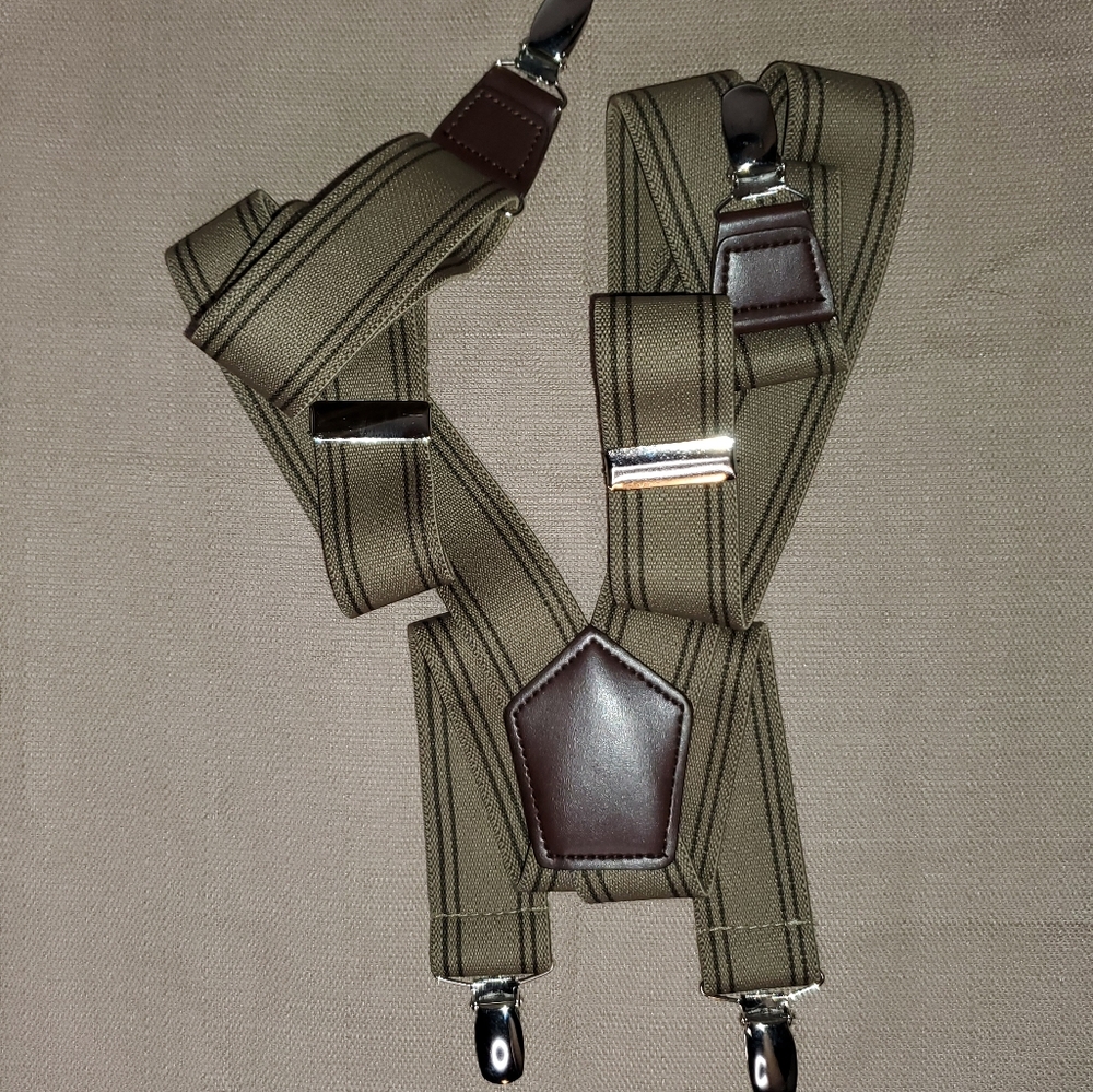 Stretchy Metal and Leather Olive Suspenders